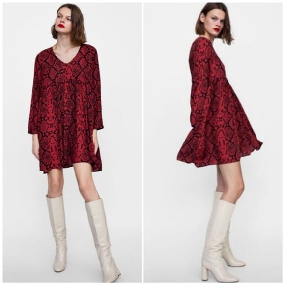 Zara Dresses & Skirts - Zara Amy Dress Red Snakeskin Print Oversized Mini Dress Size S